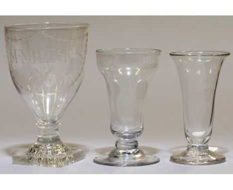 A REGENCY INSCRIBED GLASS RUMMER, C1790, ENGRAVED M MILNES, FRAMED BY HUSKS WITH HOPS AND BARLEY TO THE REVERSE, ON 'LEMON SQ