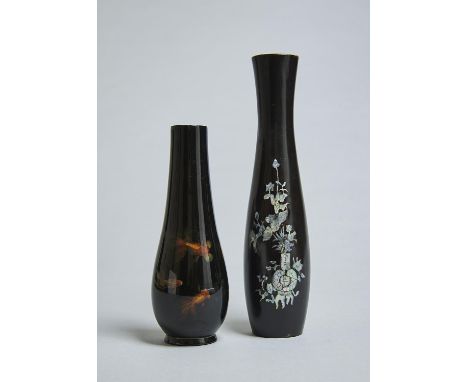 A CHINESE MOTHER OF PEARL INLAID LACQUER VASE, 20TH C, 36CM H AND A JAPANESE LACQUER VASE PAINTED WITH CARP (2) Condition rep