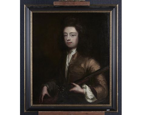 ENGLISH SCHOOL, MID 18TH CENTURY - PORTRAIT OF A SPORTSMAN HOLDING A GUN, BUST LENGTH, OIL ON CANVAS, 74 X 62CM Condition rep