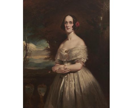 ENGLISH SCHOOL, 19TH CENTURY - PORTRAIT OF A YOUNG WOMAN, THREE QUARTER LENGTH IN AN IVORY GOWN AND GOLD JEWELERY, HOLDING A 