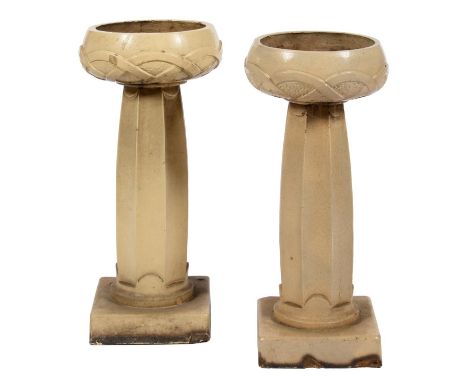 A LEEDS FIRECLAY CO GARDEN VASE, C1912-20,&nbsp;OF LEFCO WARE IN MUSHROOM EGGSHELL GLAZE, THE SHALLOW BOWL MOULDED WITH ENTRE