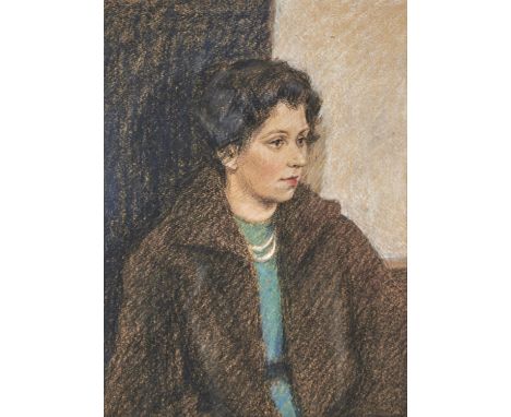 BRITISH SCHOOL, 20TH C - PORTRAIT OF A LADY, BUST LENGTH IN GREEN DRESS AND BROWN COAT, PASTEL, 33.5 X 24.5CM AND AN OIL SKET