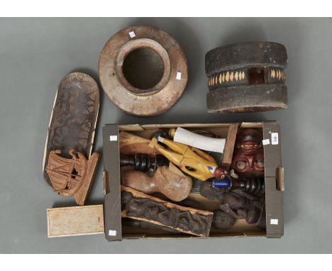 A PAIR OF TURNED EBONY CANDLESTICKS, 17CM H; A QUANTITY OF AFRICAN CARVED HARDWOOD FIGURES, INDONESIAN MASK, DINNER GONG, COP