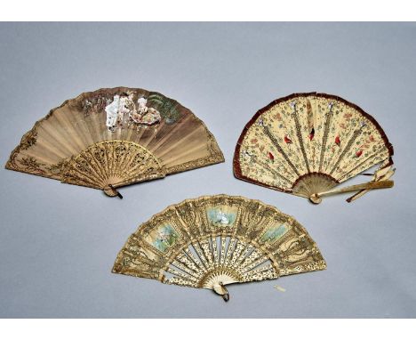 A CONTINENTAL FAN, C1880, THE LIGHT BROWN SILK LEAF PAINTED WITH A PIERROT OR THREE CHILDREN DRESSED IN MOTLEY CARVED, PIERCE