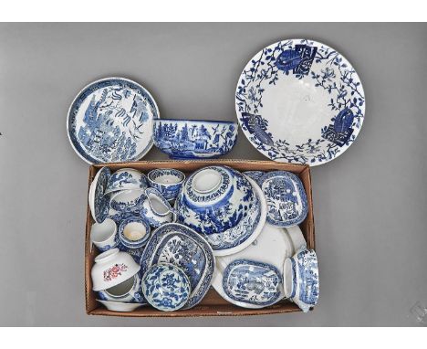 MISCELLANEOUS ENGLISH, JAPANESE AND OTHER BLUE AND WHITE POTTERY AND PORCELAIN,LATE 19TH C AND LATER&nbsp; TO INCLUDE A FLOW 