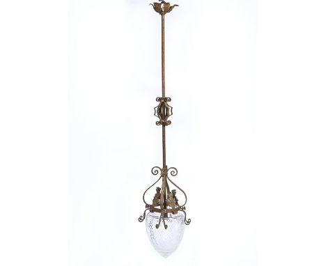 AN EARLY ELECTRIC GILT PAINTED WROUGHT IRON PENDANT LAMP AND CUT GLASS SHADE, C1920, APPLIED WITH LEAVES AND SCROLLS, APPROXI