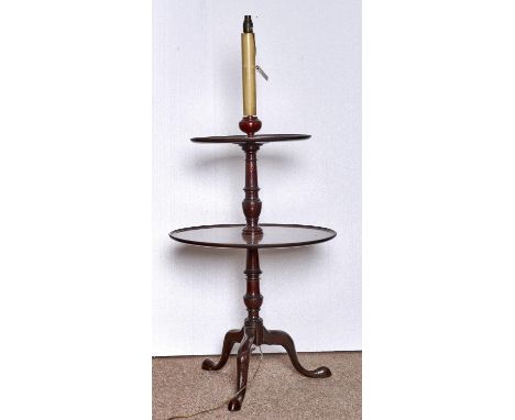A&nbsp; MAHOGANY&nbsp; TWO TIER DUMB WAITER,19TH C, THE DISHED TRAYS WITH REEDED RIM, ON VASE KNOPPED PILLAR AND TRIPOD WITH 