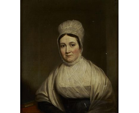 ENGLISH SCHOOL, 19TH CENTURY - PORTRAIT OF A WOMAN, IN PLAIN QUAKER DRESS, BUST LENGTH, A BOOK ON A TABLE TO HER LEFT, OIL ON