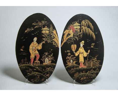 A PAIR OF CHINOISERIE JAPANNED OVAL WOOD PANELS, C1930, 44 X 27CM, UNFRAMED Condition reportGood condition with only a few li