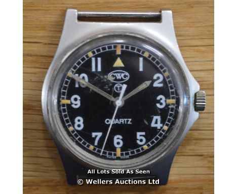 *GENTS BRITISH MILITARY ISSUED CWC WATCH, 34MM SATIN STEEL CASE, QUARTZ MOVEMENT , CIRCLE T BLACK ARABIC DIAL,FIXED LUGS, WR5