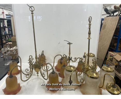 TWO MATCHING BUT DIFFERENT SIZED BRASS CEILING LIGHTS AND ONE OTHER (MISSING ONE LIGHT SHADE) 