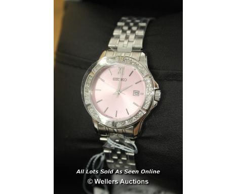 *SEIKO LADYS WATCH, QUARTZ MOVEMENT,BRUSHED AND POLISHED CASE AND BRACELET,PINK SUNBURST BATTON DIAL WITH DATE APPATURE,SWARO