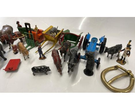 LEAD FARM AND ZOO: HILL &amp; CO HORSE-DRAWN CART, ANOTHER BY BRITAINS, VARIOUS FIGURES AND ANIMALS, FORK LIFT TRUCK