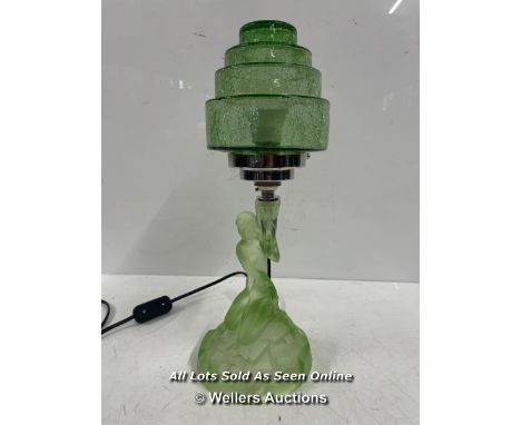 *WALTHER GLASS ART DECO URANIUM ROTTERDAM LAMP &amp; CRACKLE GLASS SHADE FITTED FOR ELECTRICITY, 39.5CM HIGH 