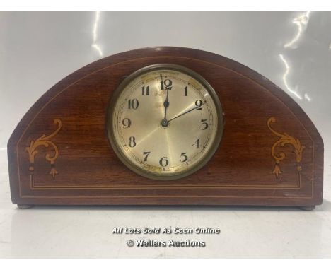 VINTAGE INLAID MAHOGONY MANTLE CLOCK. IN NEED OF RESTORATION, 14CM HIGH 