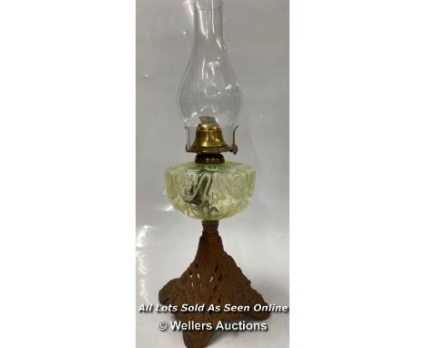 *ANTIQUE VICTORIAN VASELINE GLASS OIL LAMP AND CHIMNEY.