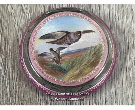 *ANTIQUE SILVER &amp; ENAMEL COMPACT FINELY HAND PAINTED WITH GROUSE LONDON 1926