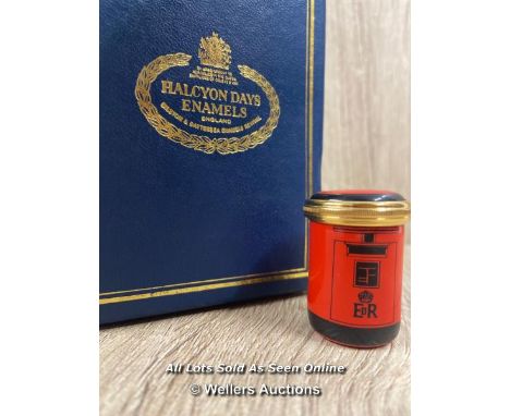 SMALL ENAMEL HALCYON DAYS POST BOX IN PRESENTATION BOX, 3.4CM HIGH 