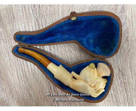 *CARVED MEERSCHAUM PIPE. AMBER MOUTHPIECE HAND HOLDING HAZELNUTS JADE / DAMAGED MOUTHPIECE