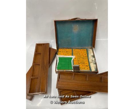 *VINTAGE WASHUNSING 1930/40S LEATHER CASE MAHJONG 4 MAHOGANY TRAYS 