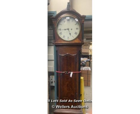 IRISH MAHOGANY 8 DAY LONGCASE CLOCK, WHITE ENAMEL DIAL SIGNED E SMITH DUBLIN, ROMAN NUMERALS, 2 METRES TALL
