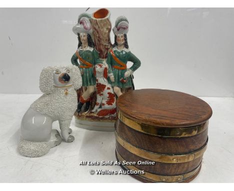 ASSORTED ANTIQUES INCLUDING WOODEN TOBACCO BOX, WHITE CHINA DOG AND FORRESTER ORNAMENT 
