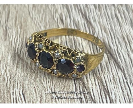 *ANTIQUE VICTORIAN HALLMARKED 1852 SOLID 15CT GOLD GARNET SEED PEARL RING SIZE K