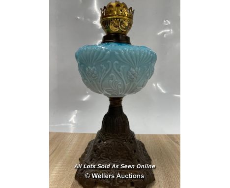 *ANTIQUE TURQUOISE OPALINE BLUE GLASS OIL LAMP FONT FOUNT BURNER &amp; CAST IRON BASE