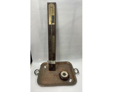 SMALL ANEROID BAROMETER, STICK BAROMETER, EASTERN ENGRAVED COPPER TRAY