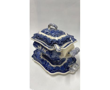 MODERN MASONS VISTA BLUE AND WHITE SOUP TUREEN, LADLE AND STAND