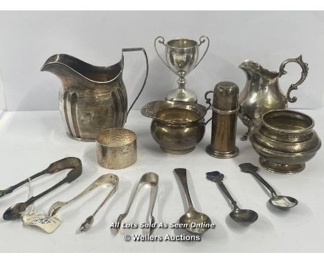 QUANTITY OF ANTIQUE SILVER WARE INCLUDING SPOONS, TROPHY, SUGAR NIPS, TWO SILVER MILK JUGS, ONE SILVER PLATE MILK JUG, PEPPER