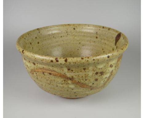 DAVID LLOYD JONES STUDIO BOWL with mottled glaze and ribbing, potter's mark, 17cms diam