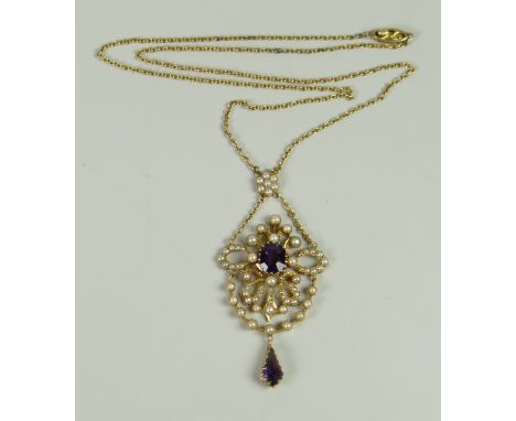 A PRETTY ANTIQUE 15CT GOLD AMETHYST & SEED-PEARL PENDANT ON CHAIN, 11.8grams approx.
