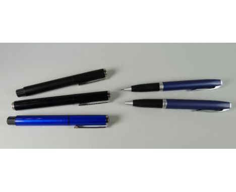 FIVE VARIOUS SHEAFFER PENS including two modern Sheaffer Award fountain pens with rubber grip & steel nibs (1 x black, 1 x me