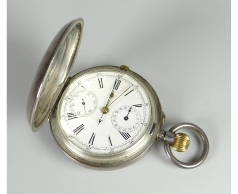 SILVER HUNTER CHRONOGRAPH POCKET WATCH having two subsidiary dials engraved to inner cover 'Iain McWilliam. R. E' Condition: 