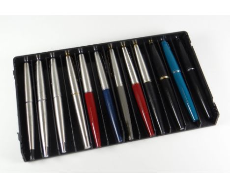 TRAY OF TWELVE PARKER 45 FOUNTAIN PENS  1 early Flighter with black plastic tail cap, 2 early Flighters with silver tail caps