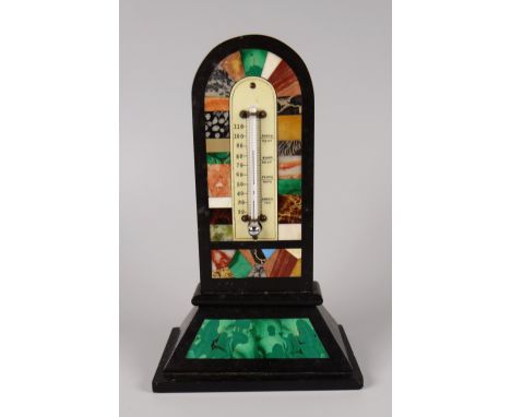NINETEENTH CENTURY BLACK MARBLE ARCH TOPPED DESK THERMOMETER inlaid with specimen patch work or scrap work borders, possibly 