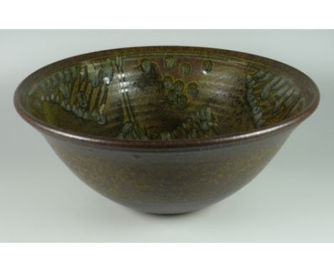 DAVID LLOYD JONES STUDIO POTTERY BOWL of flared form with abstract decoration to the interior, mottled glaze, potter's mark, 