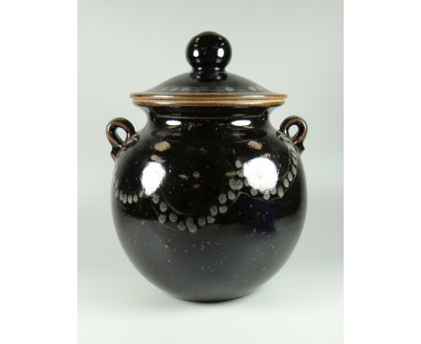 DAVID LLOYD JONES STUDIO POTTERY RUMTOPF with small twin handles and oversized knop to the lid, black and grey mottle glaze, 