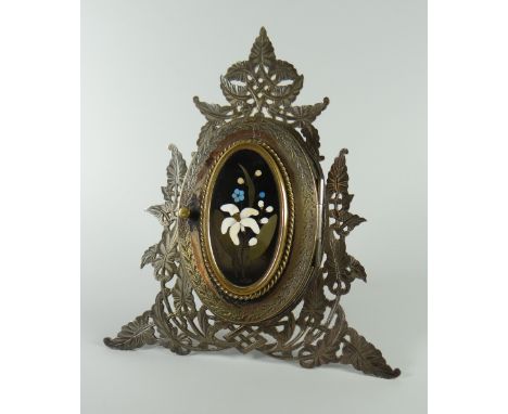 LATE NINETEENTH / EARLY TWENTIETH CENTURY PIERCED SILVER PLATED EASEL BACK PHOTOGRAPH FRAME the oval cover having Pietra Dura
