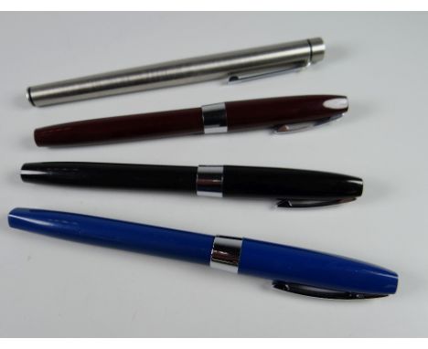 THREE VINTAGE SHEAFFER FOUNTAIN PENS including black & burgundy Triumph & one blue Triumph Imperial, all with chrome plated w