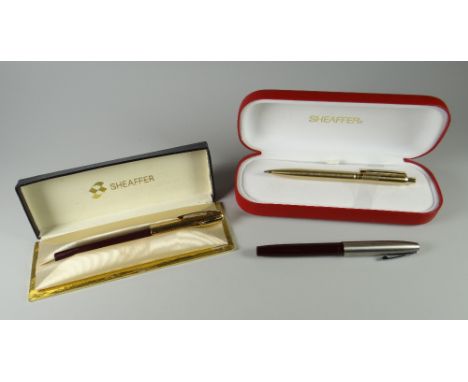 THREE VARIOUS SHEAFFER PENS including a vintage burgundy Sheaffer Triumph with brushed chrome cap & plated trim, fitted with 