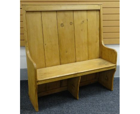 EARLY TWENTIETH CENTURY STRIPPED PINE PANEL BACK SETTLE, 122 x 38 x 130cms Condition: structurally good overall, surface wear