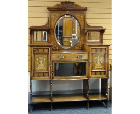 A FINE QUALITY TURN OF THE CENTURY ROSEWOOD & MARQUETRY CABINET SIDEBOARD of architectural form, the base with open platform,