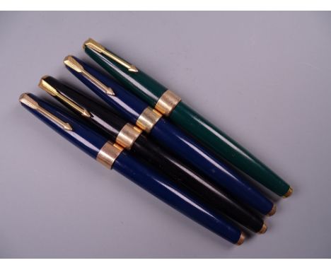 FOUR VINTAGE PARKER 17 FOUNTAIN PENS one black, two blue, one green, all with wide gold plated band