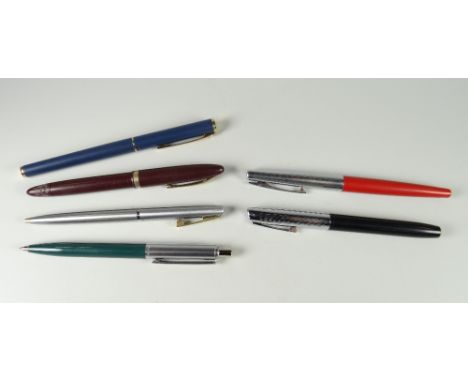 SIX SHEAFFER PENS including a modern matt blue Sheaffer Fashion fountain pen with gold plated trim & nib, a vintage burgundy 