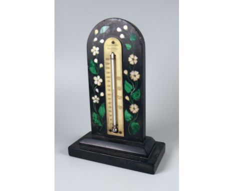 NINETEENTH CENTURY DERBYSHIRE BLACK MARBLE ARCH TOPPED DESK THERMOMETER having inlaid floral sprays & malachite leaves, the s