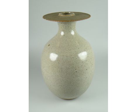 DAVID LLOYD JONES STUDIO POTTERY VASE of ovoid form and with disk neck, mottled grey glaze, potter's mark, 22cms high