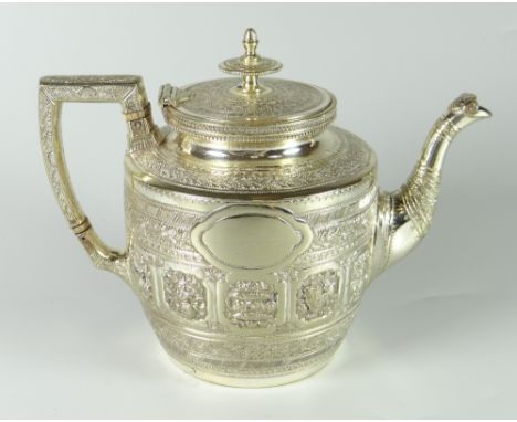 INDIAN SILVER CIRCULAR TEAPOT having relief panels depicting fish, animals & figures within scroll & foliate borders, stamped