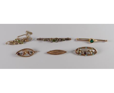 GROUP OF SIX VICTORIAN & LATER GOLD BAR BROOCHES (five 9ct yellow gold & one 15ct yellow gold) set with assorted stones to in